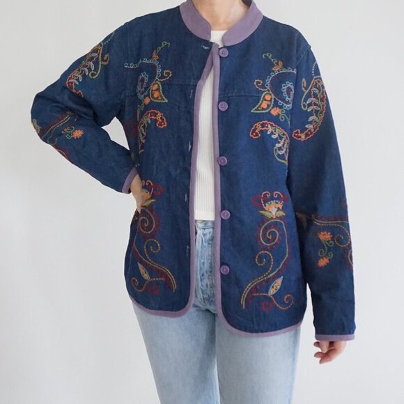Jackets & Blazers - Vintage Denim & Co Blue Paisley Embroidered Button Jacket Boho Cottagecore L